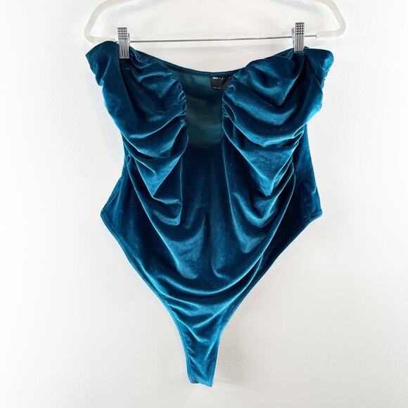 ASOS Design Plunge Strapless Velvet Bodysuit Teal Blue 14 - Picture 1 of 7